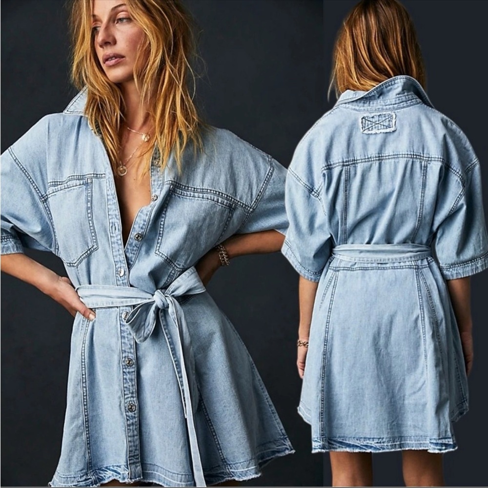 Free People Western Bohemian Oversized Jenny Denim Tunic Top Dress Medium Wash M - Picture 7 of 16